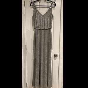 CALVIN KLEIN Silver Metallic Gray Long Evening Dress